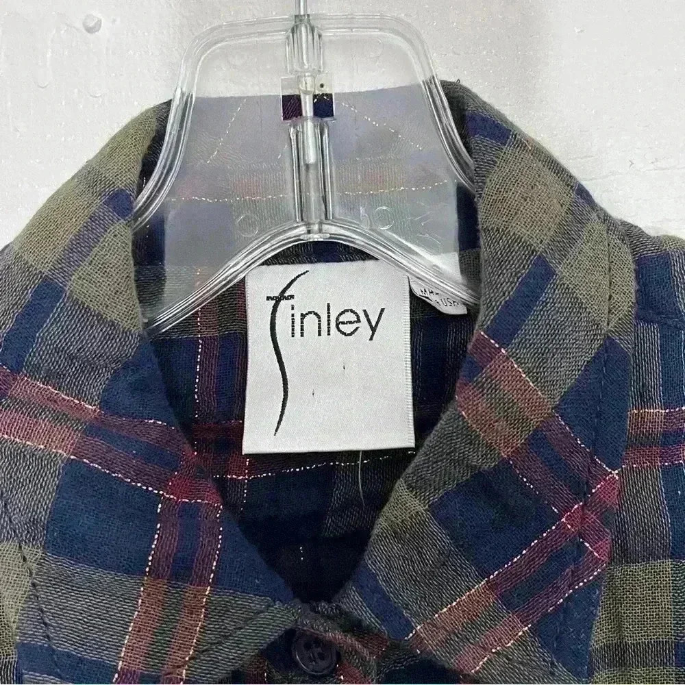 FINLEY Plaid Ruffle Button Down with Gold Thread | size small - Picture 3 of 9